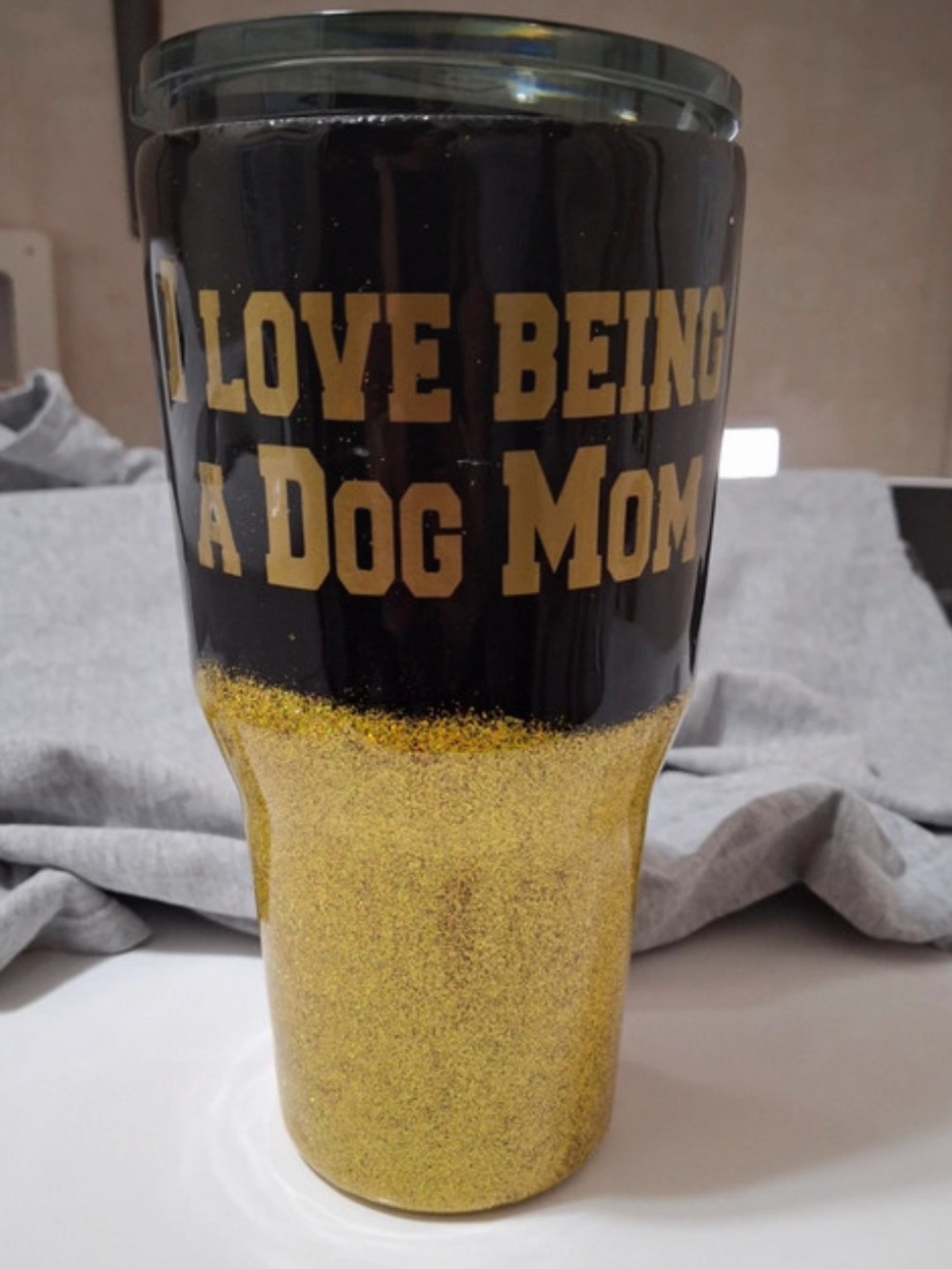 I Love Being A Dog Mom Glitter Travel Tumbler - Black & Gold